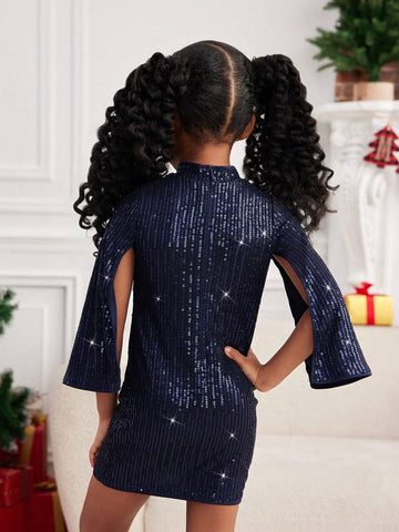 Young Girl Beaded Woven Round Neck Fitted Elegant Dress
