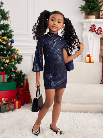 Young Girl Beaded Woven Round Neck Fitted Elegant Dress