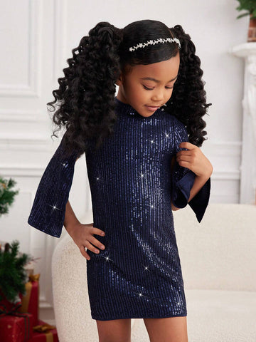 Young Girl Beaded Woven Round Neck Fitted Elegant Dress