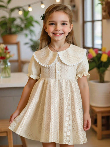 Young Girl' Beige Solid Elegant Simple Sweet Peter Pan Collar Short Sleeve Puffed Long Dress