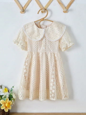 Young Girl' Beige Solid Elegant Simple Sweet Peter Pan Collar Short Sleeve Puffed Long Dress