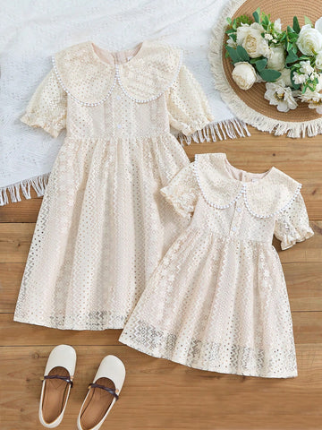 Young Girl' Beige Solid Elegant Simple Sweet Peter Pan Collar Short Sleeve Puffed Long Dress