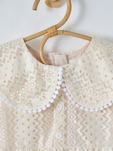 Young Girl' Beige Solid Elegant Simple Sweet Peter Pan Collar Short Sleeve Puffed Long Dress