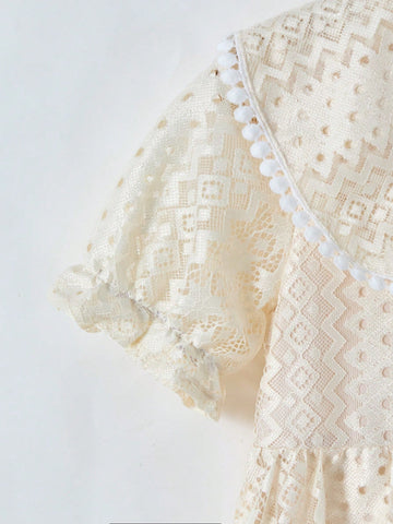 Young Girl' Beige Solid Elegant Simple Sweet Peter Pan Collar Short Sleeve Puffed Long Dress