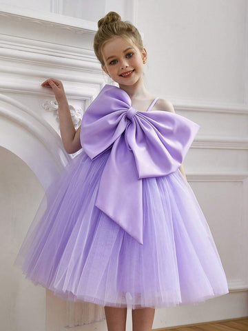Young Girl Big Bow Strap Tulle Princess Dress, Suitable For Birthday Party, Flower Girl, Wedding, Halloween Cosplay, Dance, Party, School Stage, Special Occasion