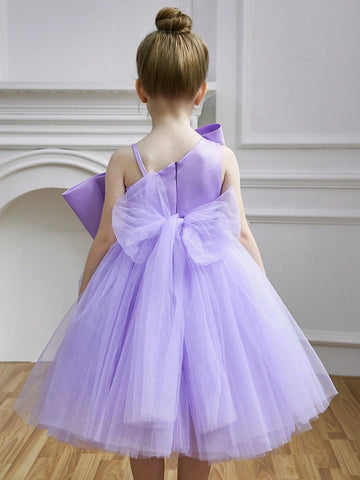 Young Girl Big Bow Strap Tulle Princess Dress, Suitable For Birthday Party, Flower Girl, Wedding, Halloween Cosplay, Dance, Party, School Stage, Special Occasion