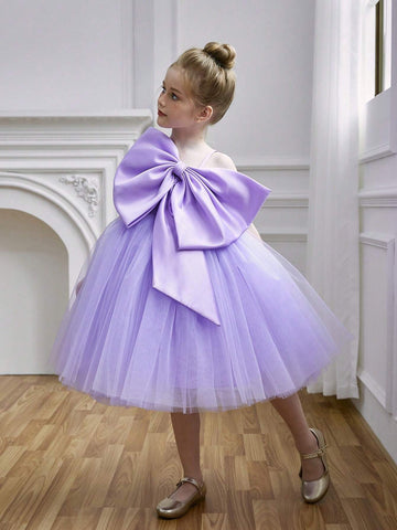 Young Girl Big Bow Strap Tulle Princess Dress, Suitable For Birthday Party, Flower Girl, Wedding, Halloween Cosplay, Dance, Party, School Stage, Special Occasion