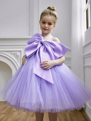 Young Girl Big Bow Strap Tulle Princess Dress, Suitable For Birthday Party, Flower Girl, Wedding, Halloween Cosplay, Dance, Party, School Stage, Special Occasion
