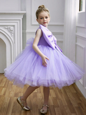 Young Girl Big Bow Strap Tulle Princess Dress, Suitable For Birthday Party, Flower Girl, Wedding, Halloween Cosplay, Dance, Party, School Stage, Special Occasion