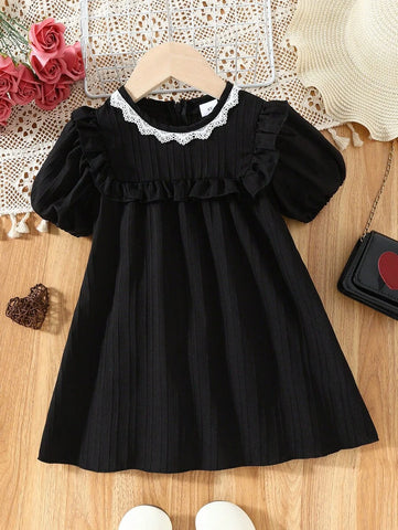 Young Girl Black Lace Ruffle Hem Summer Fashion Dress