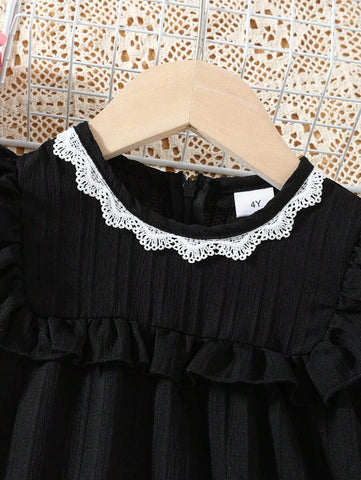 Young Girl Black Lace Ruffle Hem Summer Fashion Dress