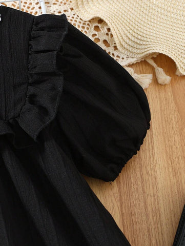 Young Girl Black Lace Ruffle Hem Summer Fashion Dress