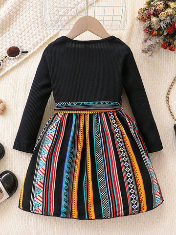 Young Girl Black Ribbed Splice Ribbed Print Dress Very Suitable For Girls Aged 4-7 To Wear In Summer, Autumn And Spring Seasons.