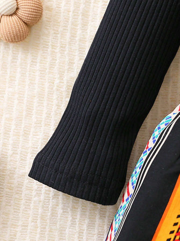 Young Girl Black Ribbed Splice Ribbed Print Dress Very Suitable For Girls Aged 4-7 To Wear In Summer, Autumn And Spring Seasons.