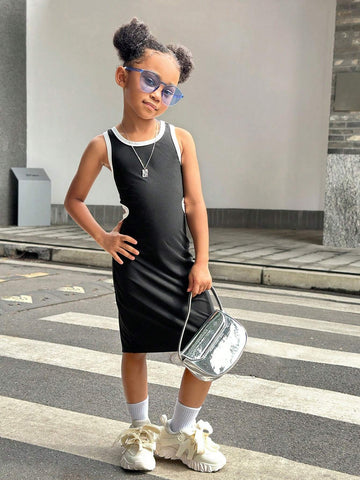 Young Girl' Black Sleeveless Casual Dress With Contrast Color, Hollow Back Design Adds Layering Details