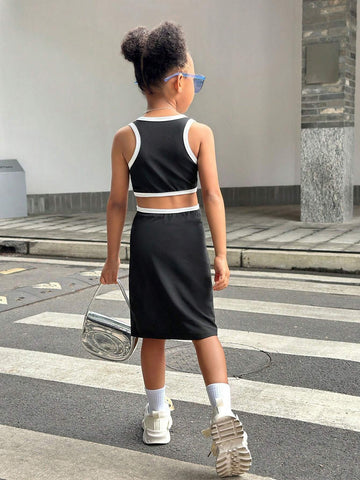 Young Girl' Black Sleeveless Casual Dress With Contrast Color, Hollow Back Design Adds Layering Details