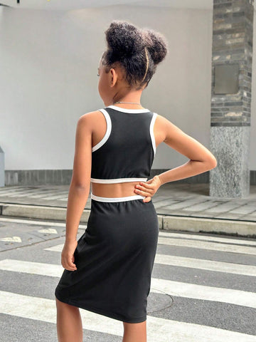 Young Girl' Black Sleeveless Casual Dress With Contrast Color, Hollow Back Design Adds Layering Details