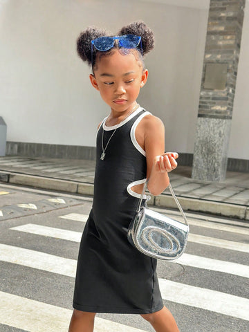 Young Girl' Black Sleeveless Casual Dress With Contrast Color, Hollow Back Design Adds Layering Details