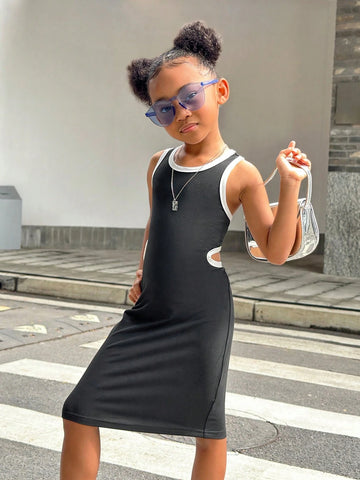 Young Girl' Black Sleeveless Casual Dress With Contrast Color, Hollow Back Design Adds Layering Details