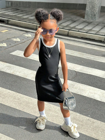 Young Girl' Black Sleeveless Casual Dress With Contrast Color, Hollow Back Design Adds Layering Details
