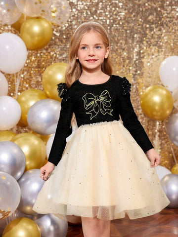 Young Girl Black Velvet Splicing Champagne Shimmering Gauze Dress With Gold Bow Embroidery Waist Cap Sleeve Long Sleeve Princess Dress