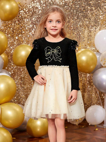 Young Girl Black Velvet Splicing Champagne Shimmering Gauze Dress With Gold Bow Embroidery Waist Cap Sleeve Long Sleeve Princess Dress