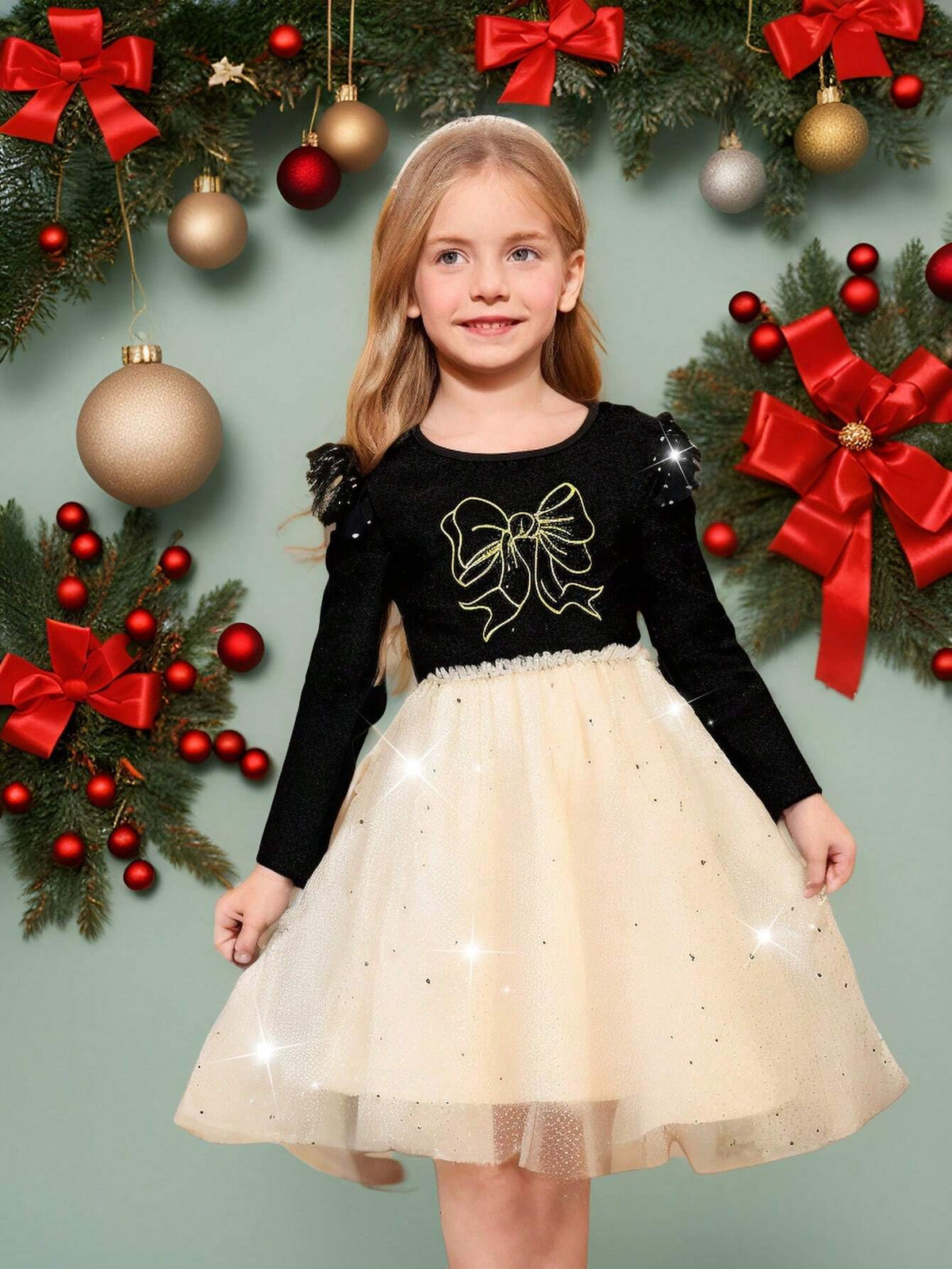 Young Girl Black Velvet Splicing Champagne Shimmering Gauze Dress With Gold Bow Embroidery Waist Cap Sleeve Long Sleeve Princess Dress