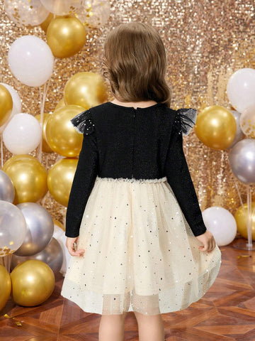 Young Girl Black Velvet Splicing Champagne Shimmering Gauze Dress With Gold Bow Embroidery Waist Cap Sleeve Long Sleeve Princess Dress