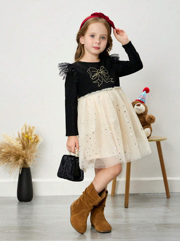 Young Girl Black Velvet Splicing Champagne Shimmering Gauze Dress With Gold Bow Embroidery Waist Cap Sleeve Long Sleeve Princess Dress