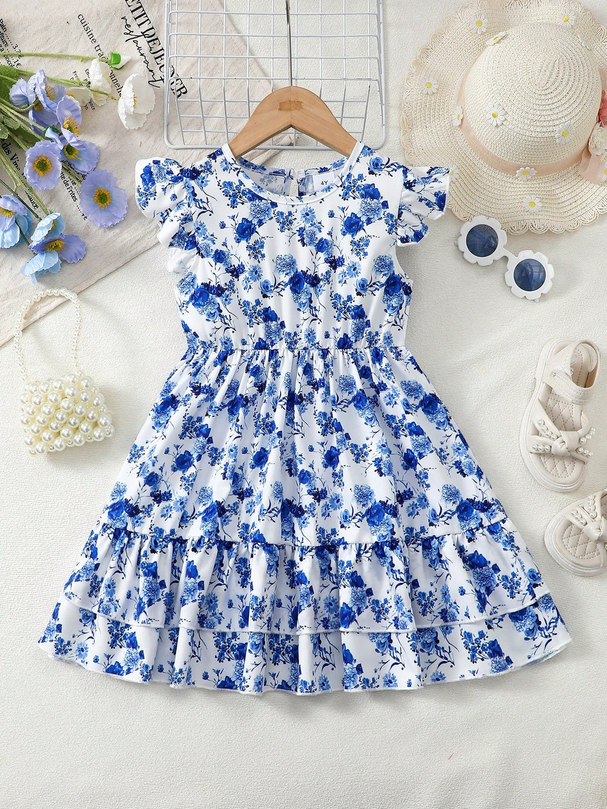 Young Girl Blue Floral Print Round Neck Dress, Fits Ages 1-6 Years