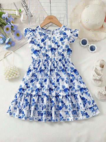 Young Girl Blue Floral Print Round Neck Dress, Fits Ages 1-6 Years