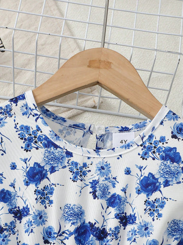 Young Girl Blue Floral Print Round Neck Dress, Fits Ages 1-6 Years