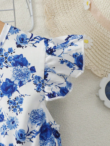 Young Girl Blue Floral Print Round Neck Dress, Fits Ages 1-6 Years