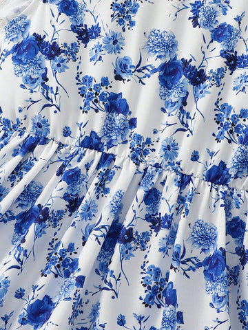 Young Girl Blue Floral Print Round Neck Dress, Fits Ages 1-6 Years