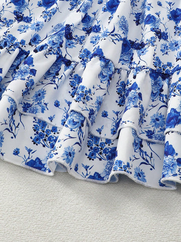 Young Girl Blue Floral Print Round Neck Dress, Fits Ages 1-6 Years