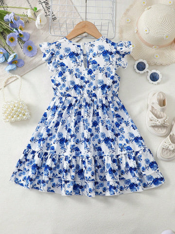 Young Girl Blue Floral Print Round Neck Dress, Fits Ages 1-6 Years