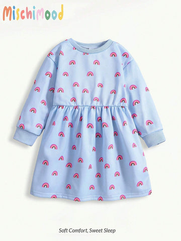 Young Girl' Blue Full Print Rainbow Pattern Round Neck Sweatshirt Dress