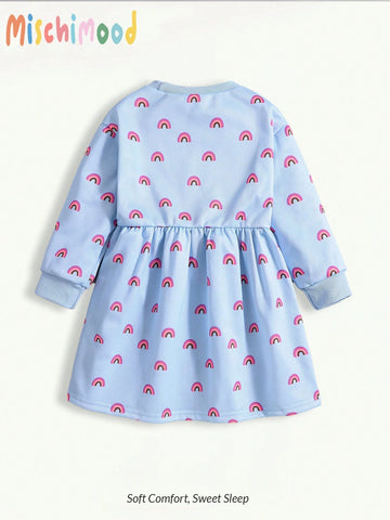 Young Girl' Blue Full Print Rainbow Pattern Round Neck Sweatshirt Dress