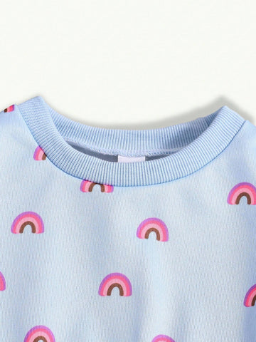 Young Girl' Blue Full Print Rainbow Pattern Round Neck Sweatshirt Dress