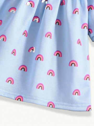 Young Girl' Blue Full Print Rainbow Pattern Round Neck Sweatshirt Dress