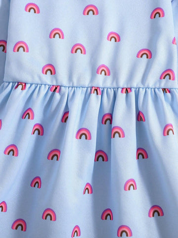 Young Girl' Blue Full Print Rainbow Pattern Round Neck Sweatshirt Dress
