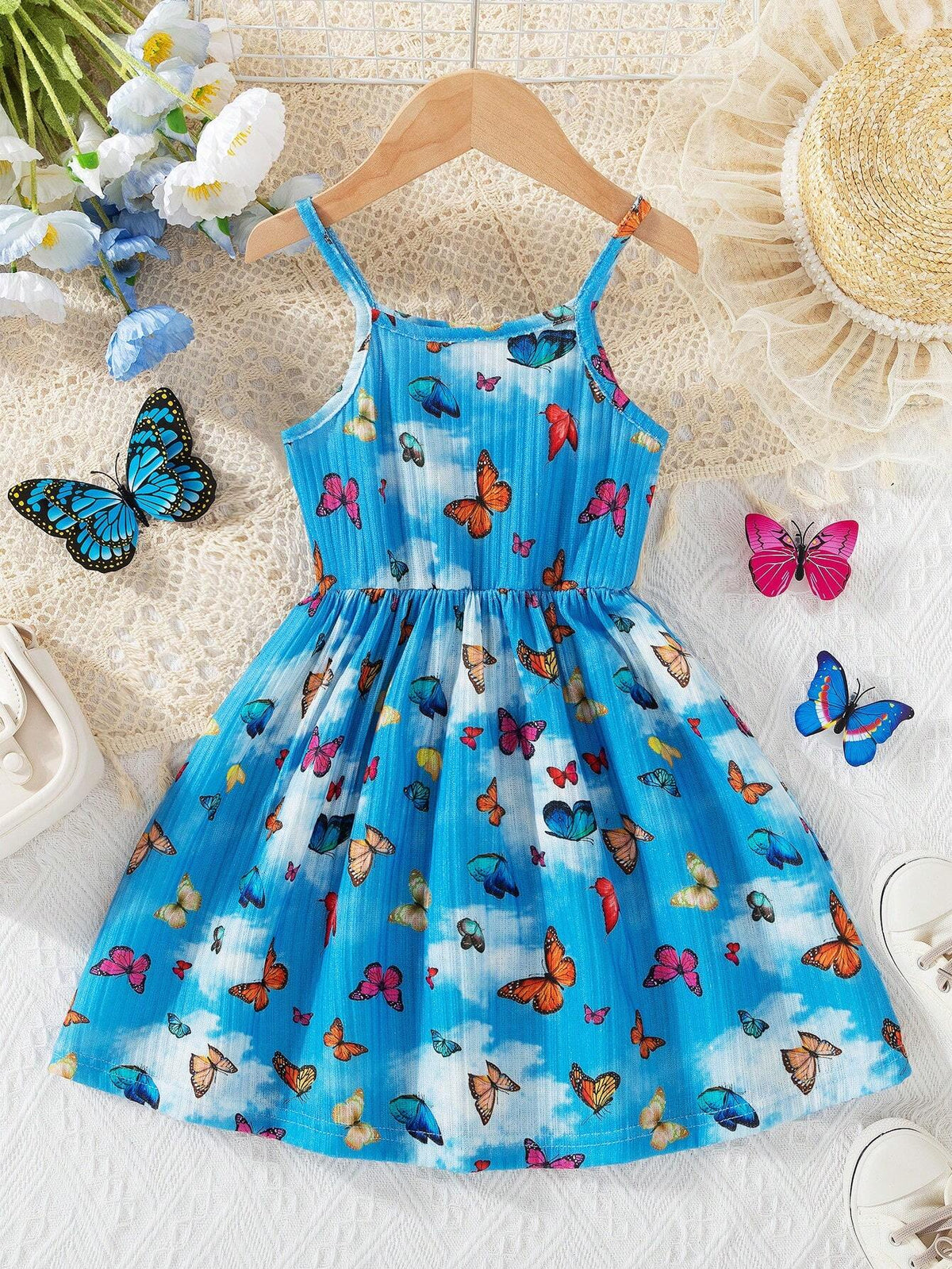 Young Girl Blue Sky White Cloud & Butterfly Allover Print Spaghetti Strap Dress