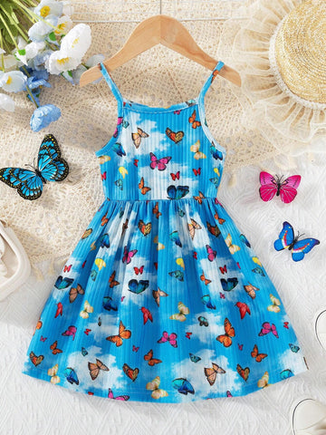 Young Girl Blue Sky White Cloud & Butterfly Allover Print Spaghetti Strap Dress