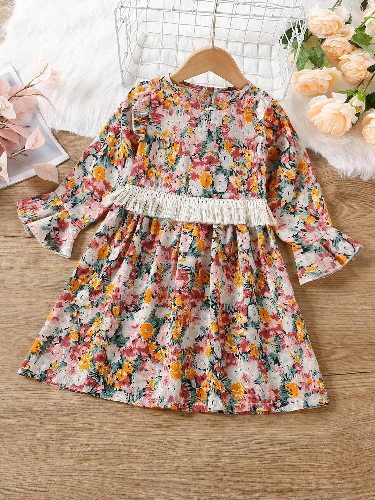 Young Girl Bohemian Style Floral Print Tassel Dress, Spring/Autumn