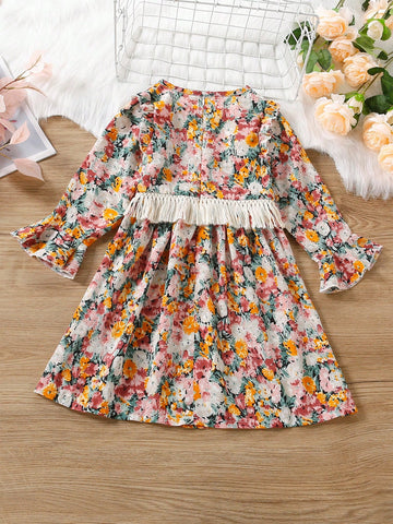 Young Girl Bohemian Style Floral Print Tassel Dress, Spring/Autumn