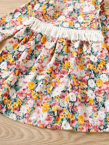 Young Girls' Loose Fit Vintage Cartoon Pattern Ruffled Hem Dress