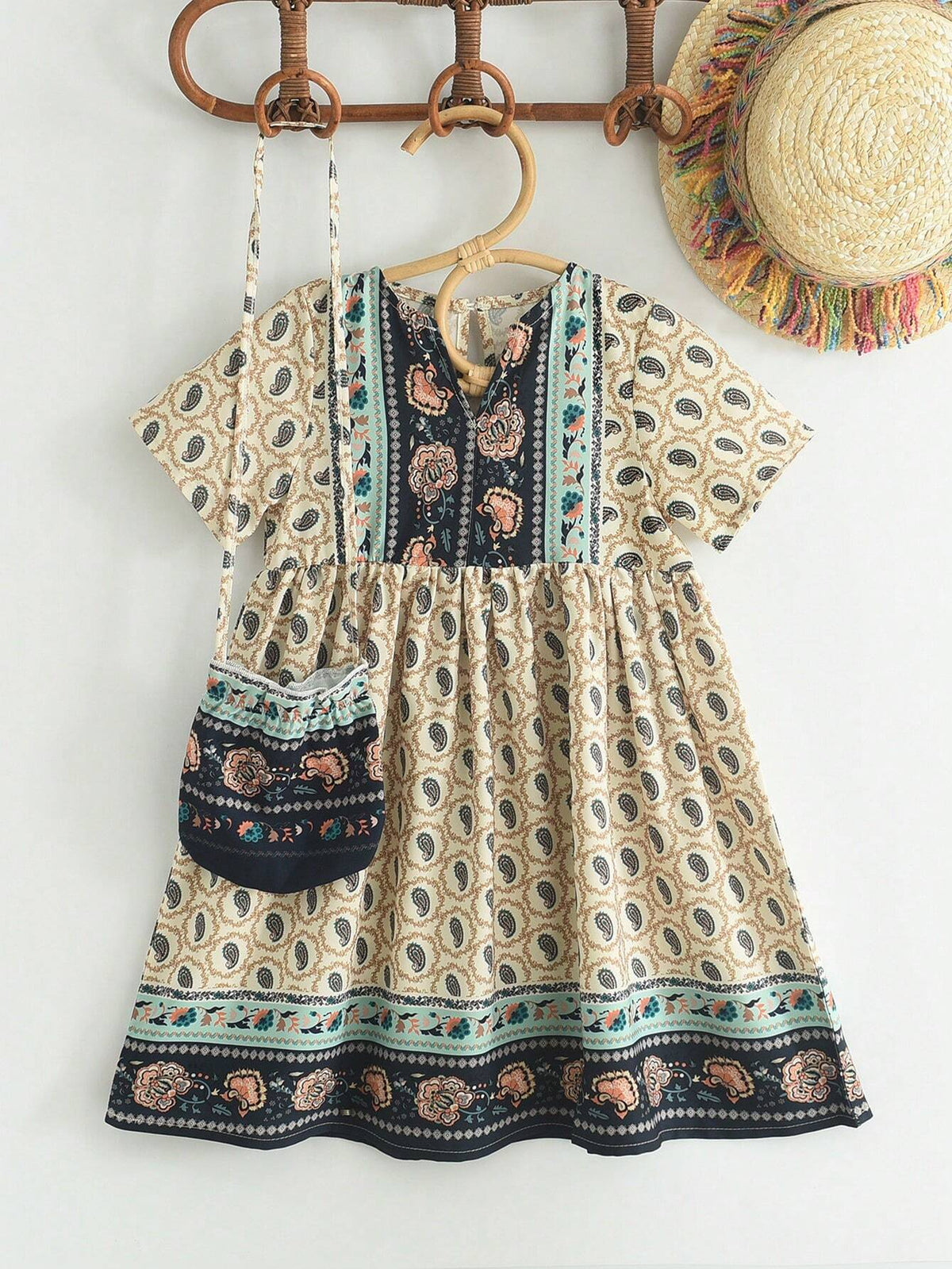 Young Girl Bohemian Style Short Sleeve Dress With Paisley Flower Print + Bag, Summer Collection