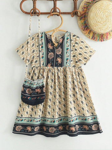 Young Girl Bohemian Style Short Sleeve Dress With Paisley Flower Print + Bag, Summer Collection
