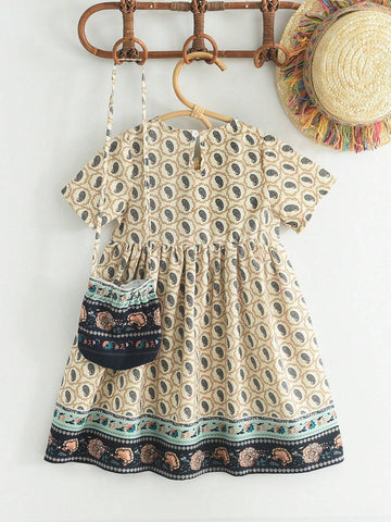 Young Girl Bohemian Style Short Sleeve Dress With Paisley Flower Print + Bag, Summer Collection