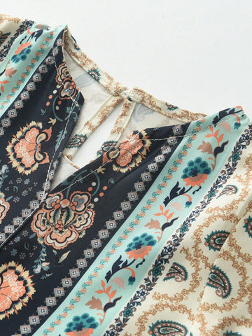 Young Girl Bohemian Style Short Sleeve Dress With Paisley Flower Print + Bag, Summer Collection